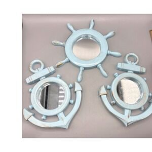 Nautical Wall Mirror Set 3pc Light Blue Distressed Anchor Ship Wheel Coastal